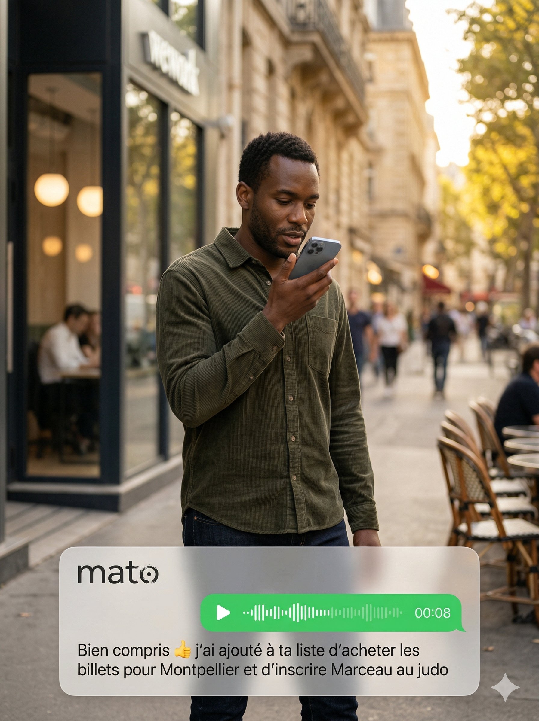 Woman sending voice note with Mato WhatsApp response